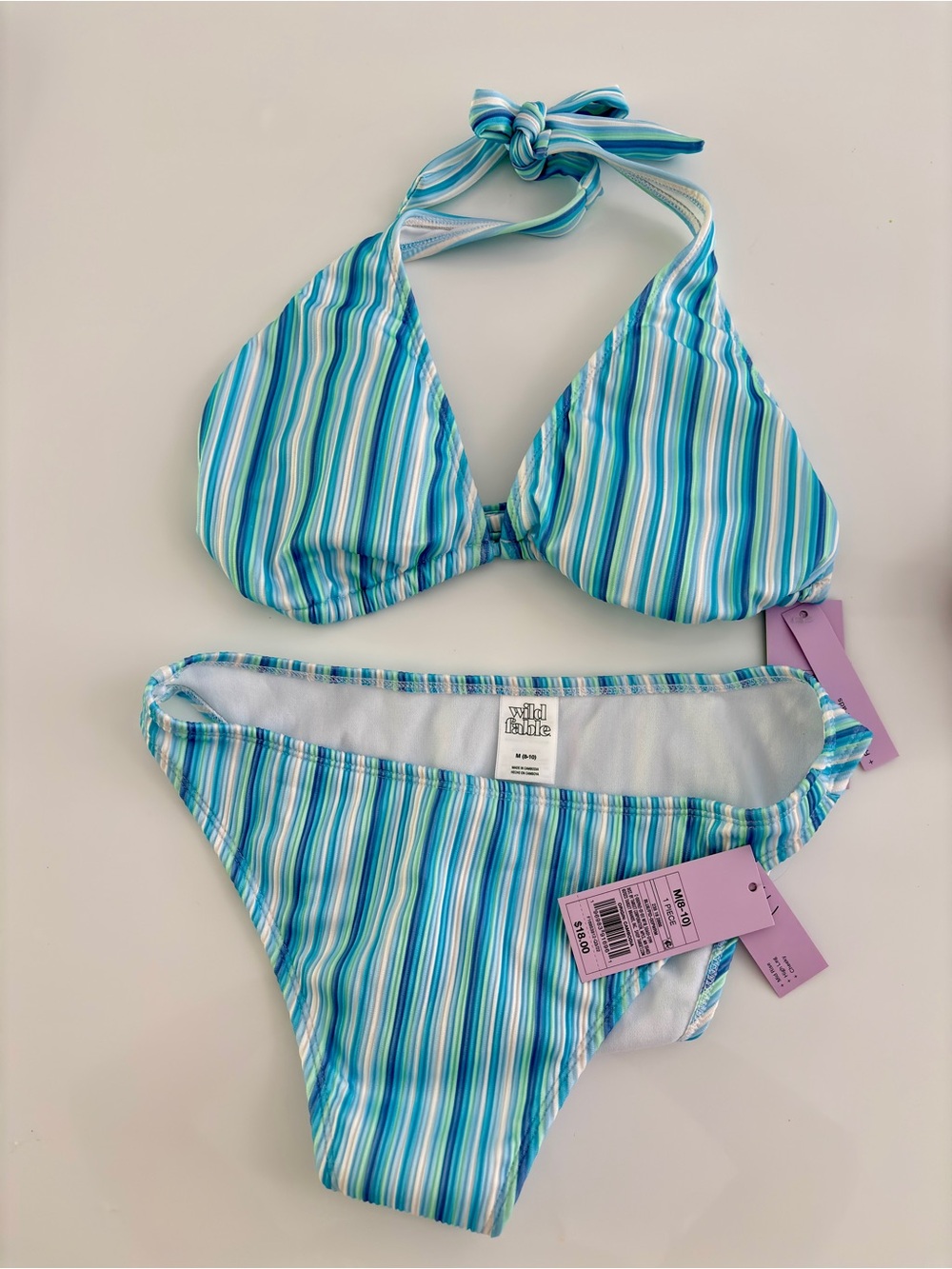 NWT Wild Fable Women’s  Blue Green Striped Two-Piece Swim Set